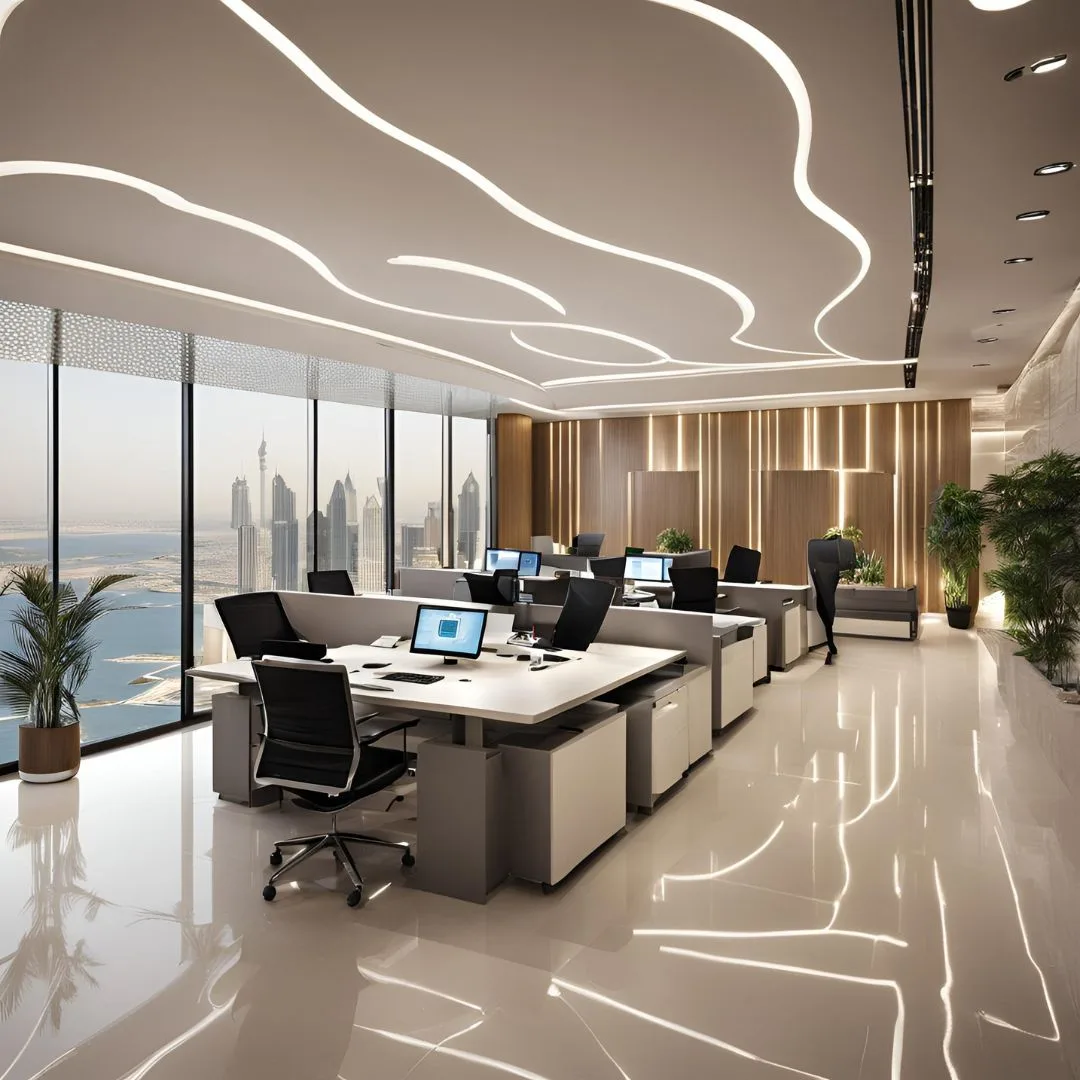 Completed open plan office with a curved lit ceiling, timber slat wall and the Dubai skyline through full height glass