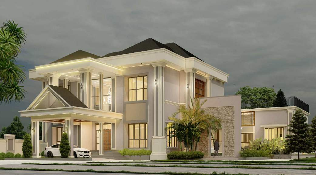 Two storey villa at dusk with a columned portico, cove lit soffits and a palm planted driveway